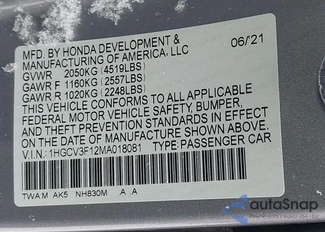 2021 Honda Accord Hybrid z USA, uszkodzony, nr VIN 1HGCV3F12MA018081